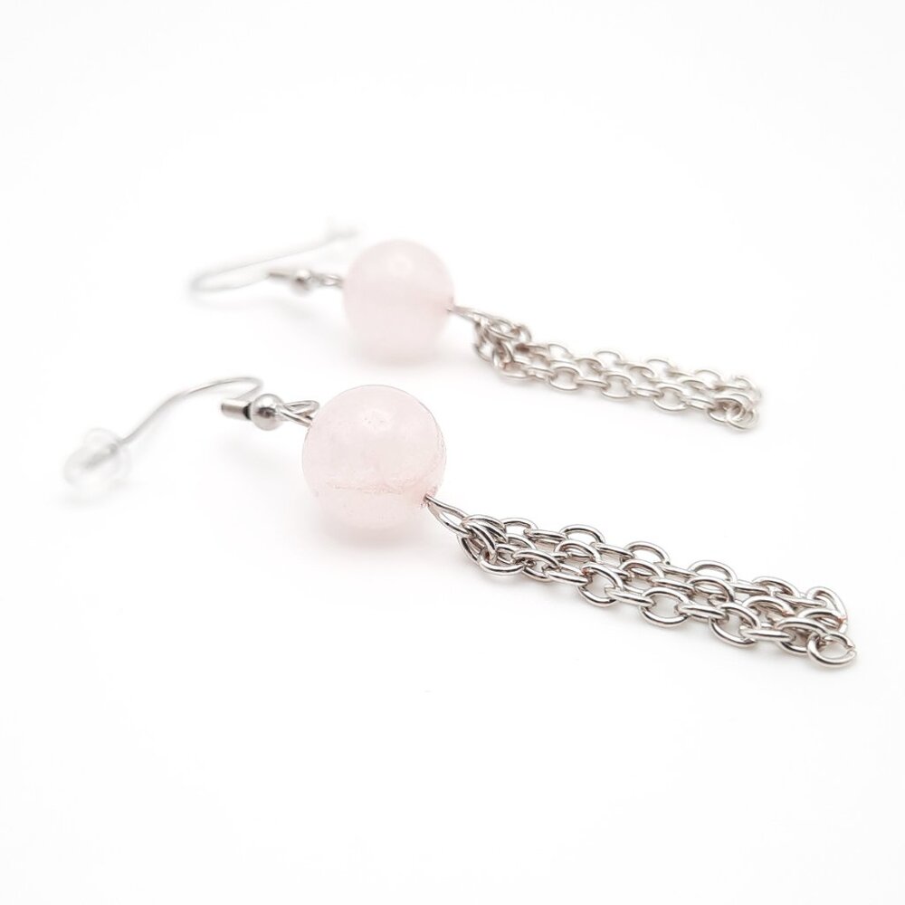 Rose Quartz Heart Chakra Healing Gemstone Chain Dangle Earrings Handmade Jewelry
